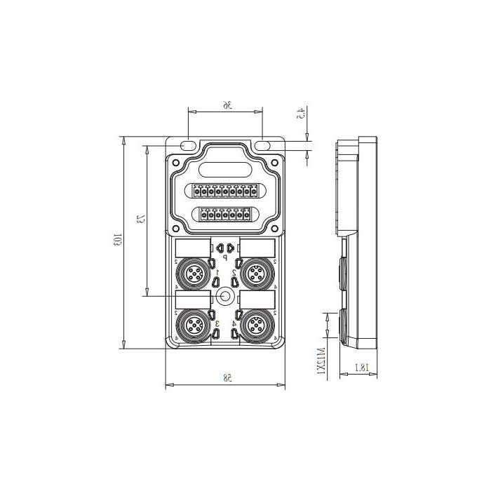 M12 junction box, dual channel, NPN, 4-port split, LED, PCB terminal, 24N40G